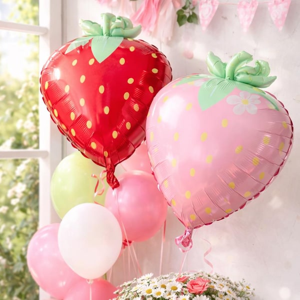 Globos de aluminio de fresa: decoraciones para fiestas de frutos rojos y rosas