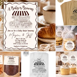 May include: A collection of baby shower party supplies featuring a cafe theme. Includes invitations, favor bags, stickers, and packaged cookies and pastries. The invitation reads "A Baby is Brewing" and includes event details.