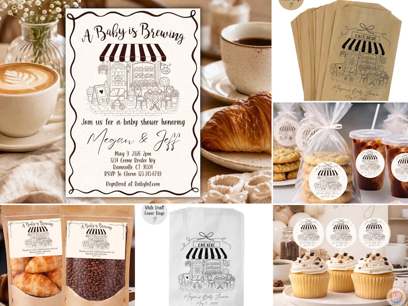 May include: A collection of baby shower party supplies featuring a cafe theme. Includes invitations, favor bags, stickers, and packaged cookies and pastries. The invitation reads "A Baby is Brewing" and includes event details.