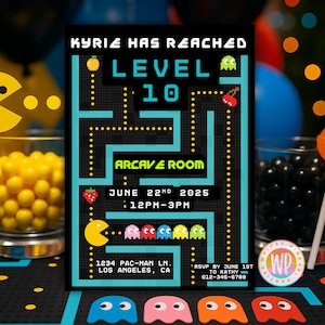 Invitación para fiesta de arcade / Invitación de cumpleaños del videojuego Pac-Man / Plantilla editable de Canva / Sube de nivel / Descarga instantánea