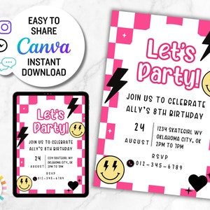 Peut inclure: Invitation de f&ecirc;te &agrave; carreaux roses et blancs avec le texte "Let's Party !" et un smiley. L'invitation comprend les d&eacute;tails du 8e anniversaire d'Ally, avec un &eacute;clair et un c&oelig;ur noir.