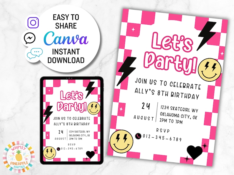 Peut inclure: Invitation de f&ecirc;te &agrave; carreaux roses et blancs avec le texte "Let's Party !" et un smiley. L'invitation comprend les d&eacute;tails du 8e anniversaire d'Ally, avec un &eacute;clair et un c&oelig;ur noir.