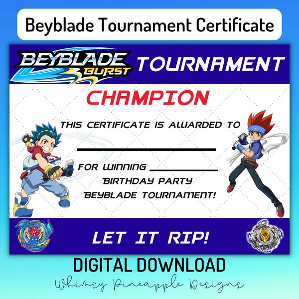 Beyblade Tournament Champion Certificate - INSTANT DOWNLOAD