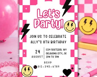 Peut inclure: Invitation de fête rose et blanche avec le texte "Let's Party!" et les détails de l'anniversaire d'Ally. Comprend des visages souriants, des éclairs et un cœur noir. La date est le 24 août.
