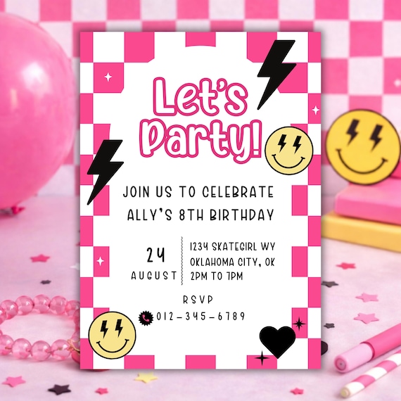 Smiley Face Birthday Template, Pink Checkerboard Skater Girl Canva Editable, Retro Kids Party Card