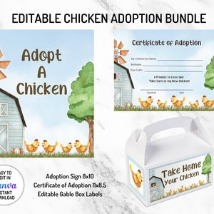 Paquete de adopción de granja de pollos editable, DESCARGA INSTANTÁNEA, Certificado de adopción, Adoptar una mascota, Etiquetas para cajas a dos aguas, Fiesta en la granja, Adoptar una gallina