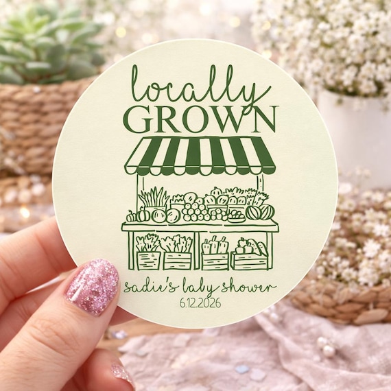 Locally Grown Baby Shower Stickers 2 Inch Round Favor Labels Personalized 20 Per Sheet
