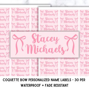 May include: A sheet of rectangular light pink adhesive labels featuring the name Stacey Michaels in a dark pink script font, flanked by two pink ribbon bow illustrations on each side. The design is repeated across the entire sticker sheet.