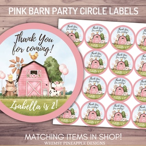 Pink Barn Party Favor Labels | 2&quot; Farm Animal Stickers | Oink Cluck Moo | Printed or Digital File | Girl Birthday Decor