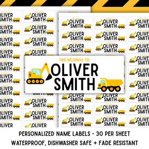 Construction Truck Name Labels: Waterproof School Stickers, Personalized, 30 Per Sheet