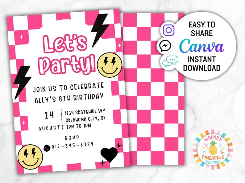 Peut inclure: Invitation de f&ecirc;te d'anniversaire &agrave; carreaux roses et blancs avec le texte "Let's Party!" et "Rejoignez-nous pour c&eacute;l&eacute;brer le 8e anniversaire d'Ally." Comprend un &eacute;clair, un smiley et des informations RSVP. Le dos de l'invitation a un motif &agrave; carreaux roses et blancs.