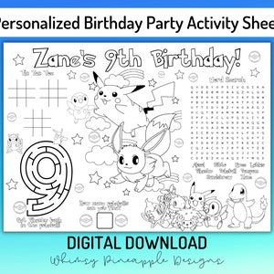 Personalized Character Party Placemat, Birthday Party Activity Sheet, Personalized Word Search, Pokemone Placemat