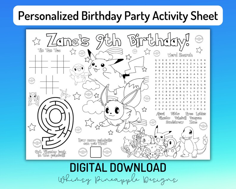 Personalized character party placemat birthday party activity sheet