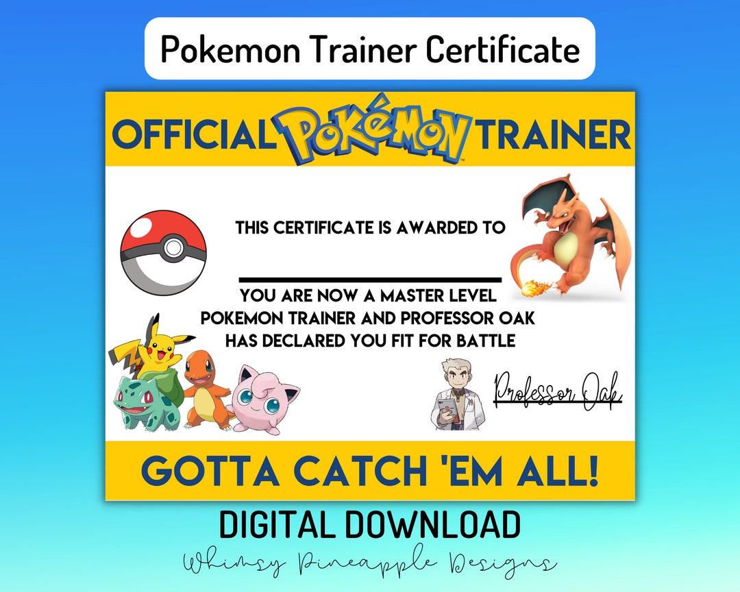Pokemone Official Trainer Certificate INSTANT DOWNLOAD - Etsy