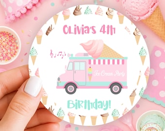 Ice Cream Truck Birthday Stickers Personalized 2" Favor Labels Sweet Shop Party Decor