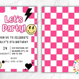 Peut inclure: Invitation de f&ecirc;te d'anniversaire &agrave; carreaux roses et blancs avec le texte "Let's Party!" et les d&eacute;tails de l'anniversaire d'Ally. Comprend des visages souriants, des &eacute;clairs et un c&oelig;ur. Le verso pr&eacute;sente un motif &agrave; carreaux roses et blancs.