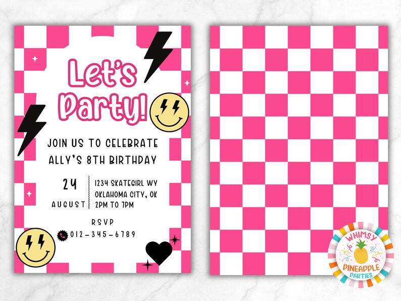 Peut inclure: Invitation de f&ecirc;te d'anniversaire &agrave; carreaux roses et blancs avec le texte "Let's Party!" et les d&eacute;tails de l'anniversaire d'Ally. Comprend des visages souriants, des &eacute;clairs et un c&oelig;ur. Le verso pr&eacute;sente un motif &agrave; carreaux roses et blancs.
