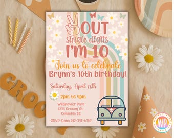 Retro Hippie 10th Birthday Invitation: Groovy Peace Party (Canva Template)