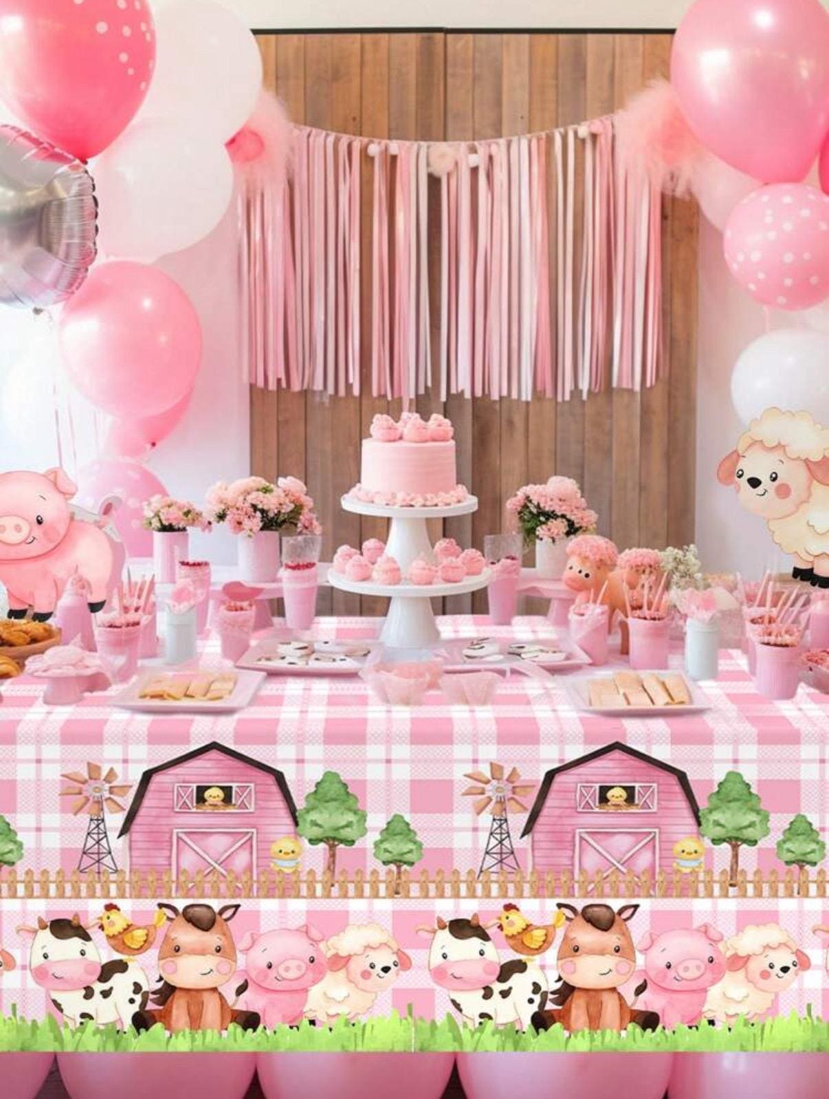 Pink Barnyard Tablecloth: Farm Animal Birthday Party Decor (51"x86")