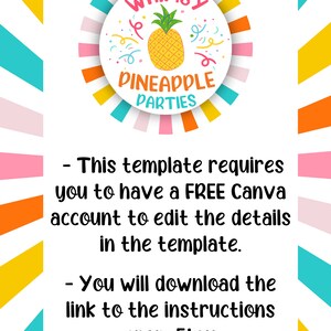 Peut inclure: Graphique color&eacute; avec l'inscription "WHIMSY PINEAPPLE PARTIES" autour d'une illustration d'ananas. L'image contient des instructions sur l'utilisation d'un compte Canva gratuit et le t&eacute;l&eacute;chargement des instructions d'Etsy.