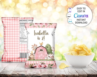 May include: Pink and white gingham chip bag with a farm scene featuring a red barn, a windmill, a cow, a pig, and a chicken. The bag has a floral border and the text "Isabella is 2!" in brown lettering.