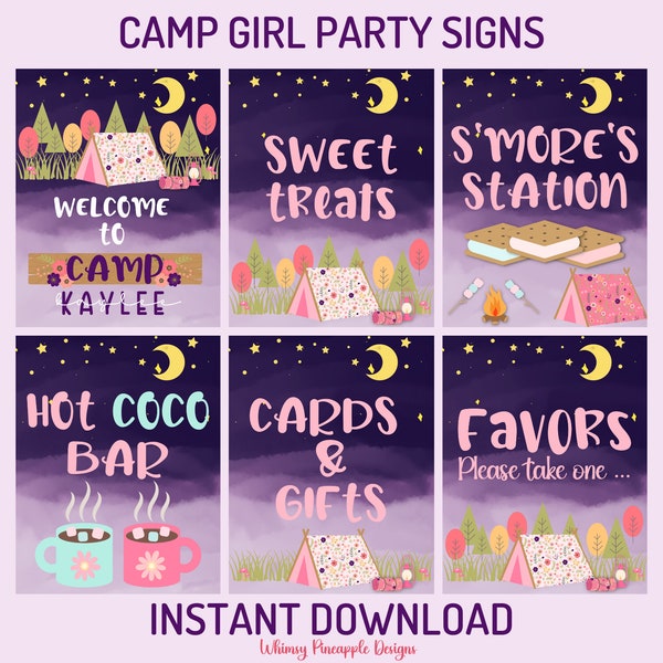 Camp Girl Party Signs, Fichier numérique, Téléchargement numérique, PDF imprimable, TÉLÉCHARGEMENT INSTANTANÉ, Terrain de camping, Camping Party