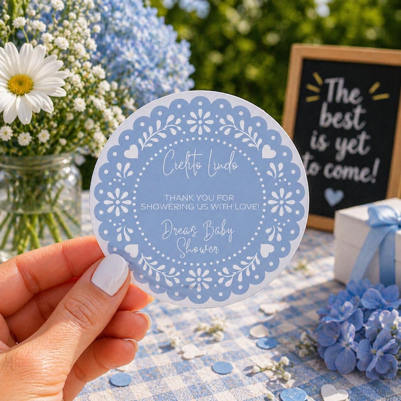 Cielito Lindo Baby Shower-klistermärken Blå Blommiga Presentetiketter Personliga bild 3