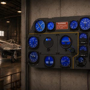 Puede incluir: Un panel de instrumentos de avión gris oscuro montado en una pared, con múltiples indicadores redondos con esferas azules brillantes y agujas negras. Una señal de advertencia rectangular roja con texto blanco está cerca del centro superior.