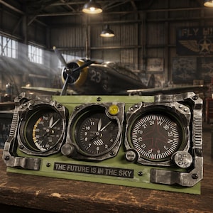 Op de afbeelding: Een rechthoekige olijfgroene bureauklok met drie ronde analoge meters in metalen frames. De middelste meter geeft de tijd aan, terwijl de andere vluchtgegevens tonen. De tekst THE FUTURE IS IN THE SKY staat op de voorzijde gedrukt.