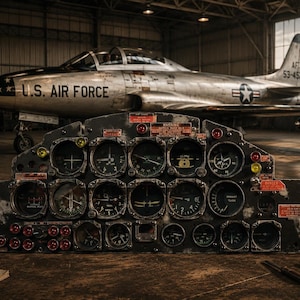 Puede incluir: Un panel de instrumentos de avión antiguo con numerosos indicadores circulares, diales y etiquetas de advertencia rojas. Al fondo, un jet plateado de la U.S. Air Force está aparcado en un hangar. El panel es gris oscuro con desgaste visible.