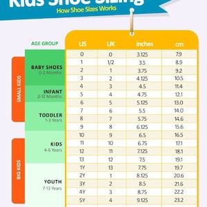 May include: A chart showing kids shoe sizes in US, UK, inches, and centimetres. The chart is divided into age groups: Baby Shoes (0-2 months), Infant (2-12 months), Toddler (1-3 years), Kids (4-6 years), and Youth (7-13 years).