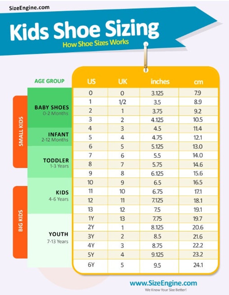 May include: A chart showing kids shoe sizes in US, UK, inches, and centimetres. The chart is divided into age groups: Baby Shoes (0-2 months), Infant (2-12 months), Toddler (1-3 years), Kids (4-6 years), and Youth (7-13 years).