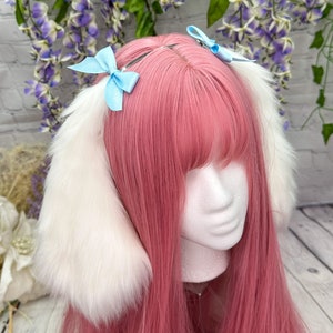 Floppy Bunny Ears and Tail White Rabbit ear headband with bows Black bunny rabbit ear headband cosplay faux fur ears