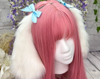 White Floppy Bunny Ears and Tail Rabbit ear headband with bows cosplay faux fur ears