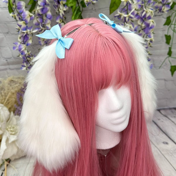 White Floppy Bunny Ears and Tail Rabbit ear headband with bows cosplay faux fur ears