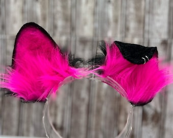 Hot pink and black puppy ears cosplay faux fur floppy dog ears headband