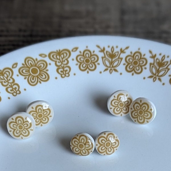 Butterfly Gold Corelle Vintage China Studs, Earrings made from Recycled Corelle Dishes, Eco-friendly Jewelry made from broken china