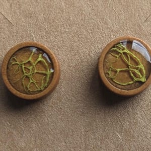 minimalist nature-inspired wooden stud earrings, wood and moss studs, nature-lover gift, simple boho nature earrings, unisex studs