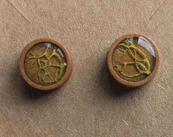 Moss and Wood Stud Earrings: Minimalist Boho Nature Jewelry