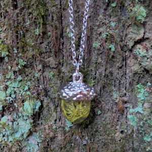 Silver acorn necklace with real moss, Silver botanical nature necklace with moss for her, Terrarium necklace, Nature-lover flower child gift