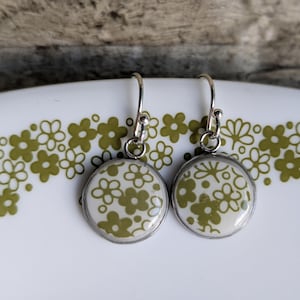 Tiny Silver Dangle Earrings made from Crazy Daisy Corelle Dishes, Vintage Pyrex Jewelry, Nostalgic Earrings,  Sentimental Gift for Mom,