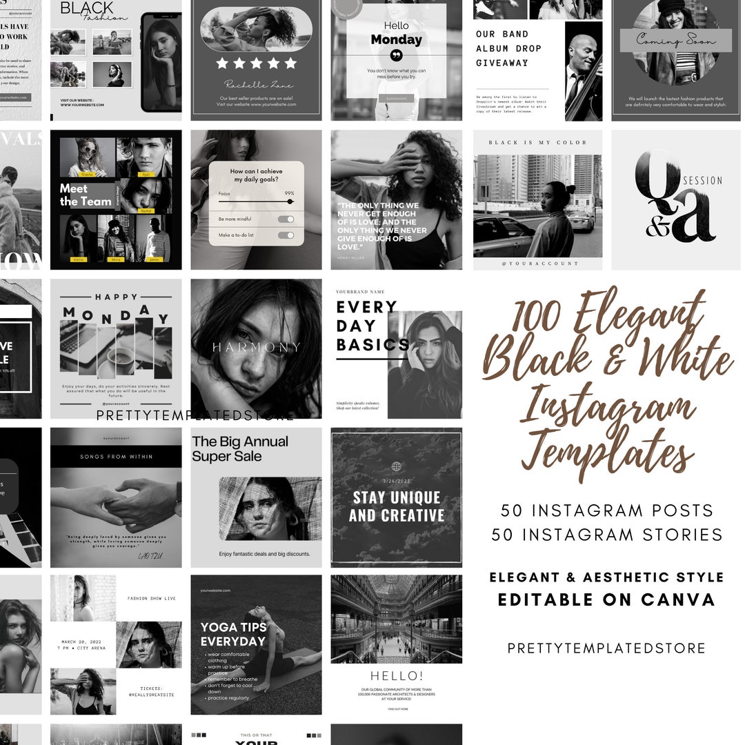 100 Black and White Instagram Templates Editable Canva Etsy