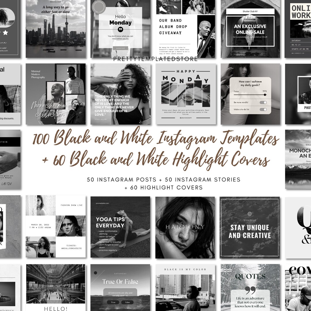 100 Black and White Instagram Templates 60 Highlights, Canva Designs
