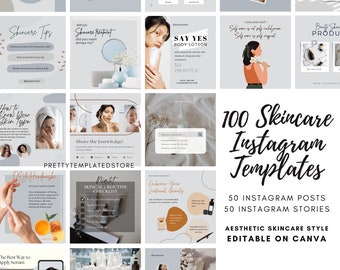 100 Skincare Instagram Templates, Aesthetic Canva Designs, Social Media Templates for Skincare Business, Minimal Instagram Posts & Stories