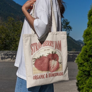 Farmers Market Strawberry Jam Fruit Tote Bag | Eco, Organic, Trendy, Shopping Bag, Cottage Core, Coquette Tote, Spring, Summer, Fruit