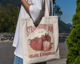 Farmers Market Strawberry Jam Fruit Tote Bag | Eco, Organic, Trendy, Shopping Bag, Cottage Core, Coquette Tote, Spring, Summer, Fruit