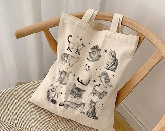 Hand Drawn Cat Tote Bag, Artsy Tote Bag, Cute Tote Bag, Animal Tote Bag, Coquette Tote Bag, Cottagecore Tote Bag, Cat Lover Gifts, Cat Lady