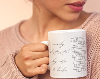 Easily Distracted By Cats & Books Ceramic Mug, Gift For Cat Lovers, Cat Coffee Mug, Bookish Mug, Cute Coffee Mugs, Crazy Cat Lady