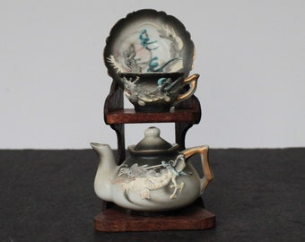 Vintage Miniature Dragon Tea Set. Cup, Saucer, Teapot, Grey, Oriental, Asian, Flying Dragon Dragoncore, Dragonware, Grandmacore Mantel Decor