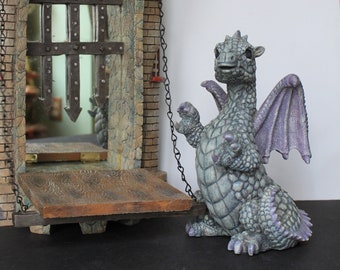 Vintage Dragon And Castle Decor. Hanging Castle Mirror W/ Drawbridge! Cute Little Dragon Figurine, Resin, Mystical, Fantasy, Dragoncore Gift